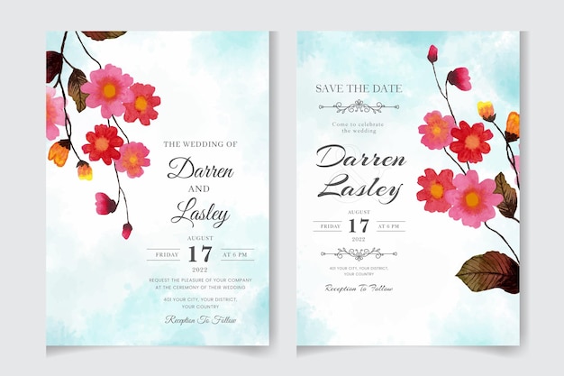 Modelo de cartão de convite de casamento floral aquarela com folhas botânicas de hortaliças convite de flores