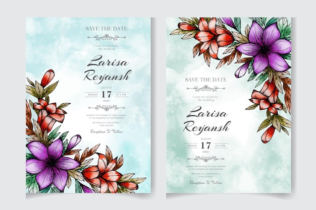 Modelo de cartão de convite de casamento floral aquarela com folhas botânicas de hortaliças convite de flores