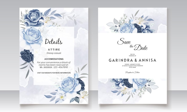 Modelo de cartão de convite de casamento floral azul marinho com aquarela