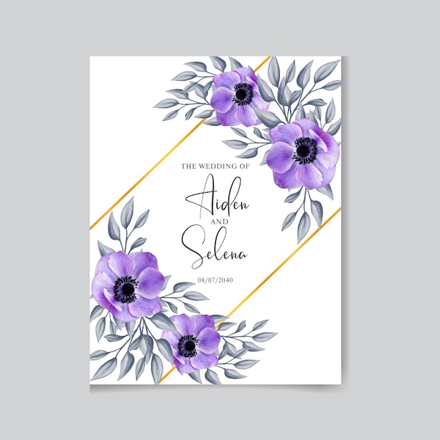 Modelo de cartão de convite de casamento floral azul marinho com folhas e aquarela