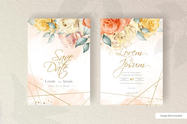 Modelo de cartão de convite de casamento floral desenhado à mão em aquarela com elemento de flores e folhas de arranjo minimalista