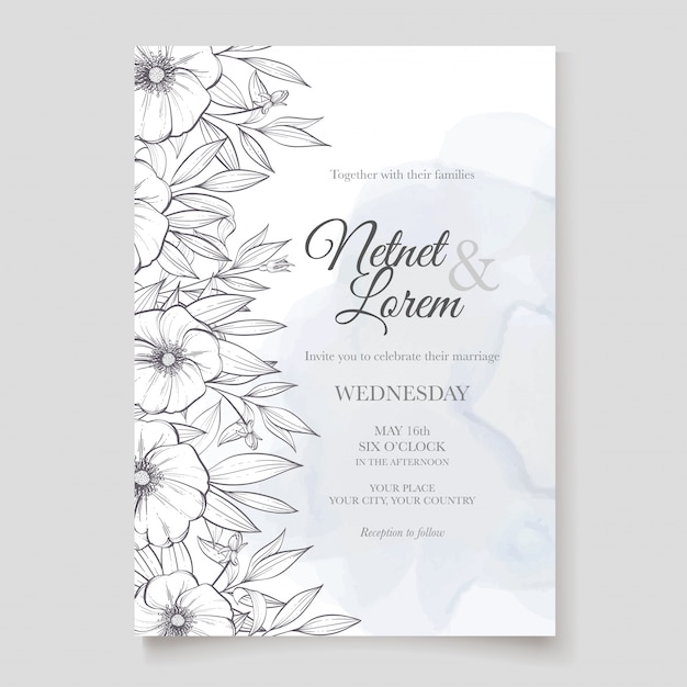 Modelo de cartão de convite de casamento floral lineart