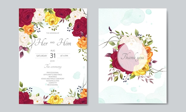 Modelo de cartão de convite de casamento lindo com folhas florais