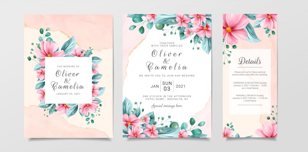 Modelo de cartão de convite de casamento lindo conjunto com aquarela floral e fundo de mármore