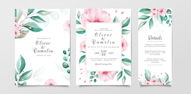 Modelo de cartão de convite de casamento romântico com fundo floral e aquarela