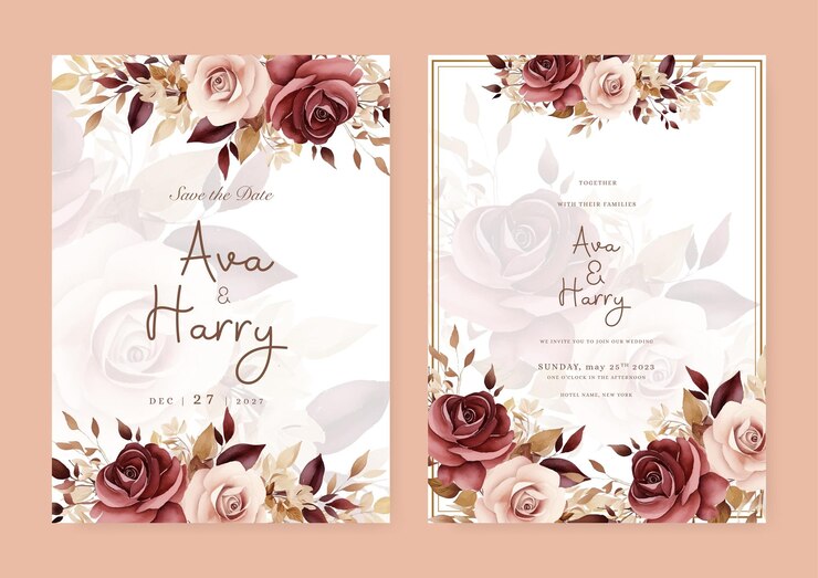 Vetor modelo de cartão de convite de casamento vetorial de rosa bege e vermelha com flores e folhas aquarela