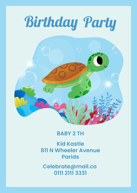 Vetor modelo de cartão de convite de festa de aniversário com uma tartaruga marinha fofa