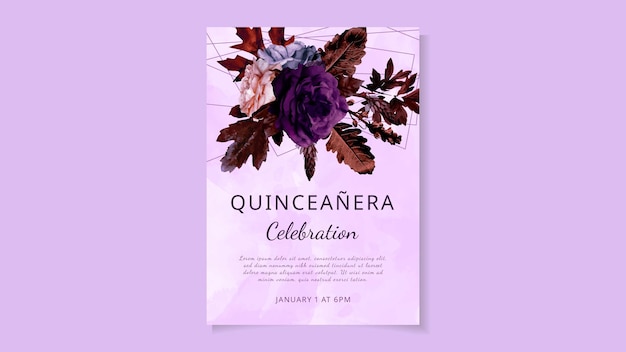 Modelo de cartão de convite de panfleto floral para celebração de aniversário de quinceanera