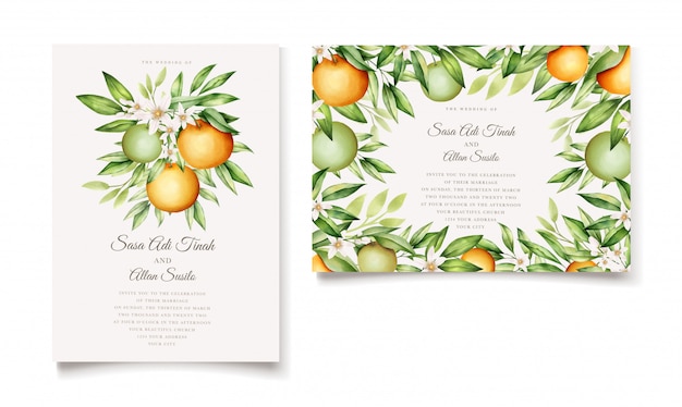 Modelo de cartão de convite elegante frutas laranja aquarela