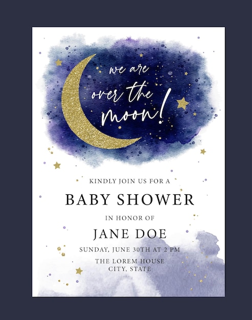 Modelo de cartão de convite em aquarela para chá de bebê com fundo de estrelas e lua