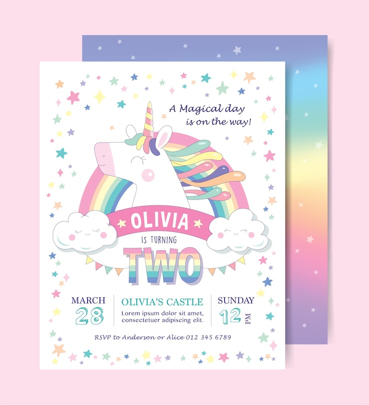 Vetor modelo de cartão de convite para festa de aniversário com um lindo unicórnio e arco-íris de fundo