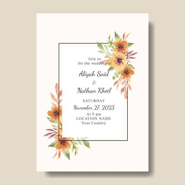 Modelo de cartão de convite simples com flores em aquarela amarela