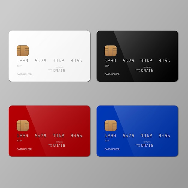 Vetor modelo de cartão de crédito realista branco, preto, vermelho e azul com sombra