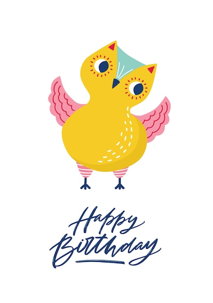 Modelo de cartão de felicitações com coruja engraçada bonita ou corujinha e inscrição de feliz aniversário escrita com fonte caligráfica cursiva. postal festivo com adorável pássaro da floresta. ilustração em vetor plana colorida.