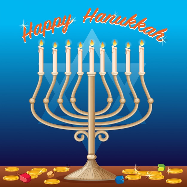 Modelo de cartão de hanukkah feliz com luzes e moedas
