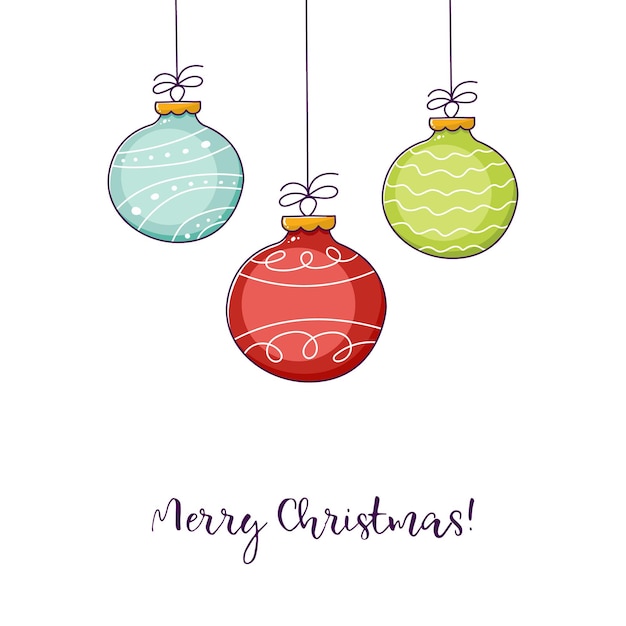 Modelo de cartão de Natal com Doodle desenhado à mão Bolas de Natal Feliz Natal Letra de Saudação