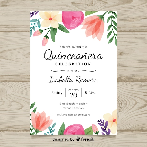 Modelo de cartão de quinceanera de flores em aquarela