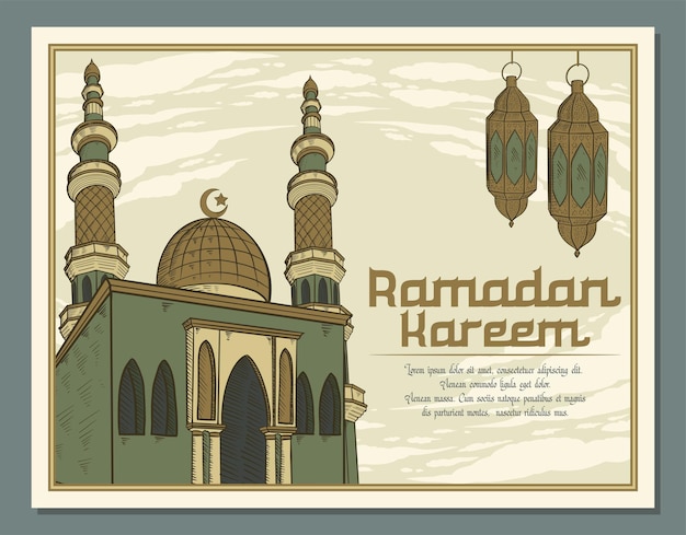 Modelo de cartão de ramadan kareem ou plano de fundo com ilustração de mesquita desenhada à mão