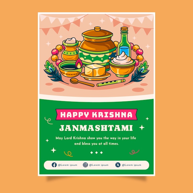 Modelo de cartão de saudação de janmashtami desenhado à mão