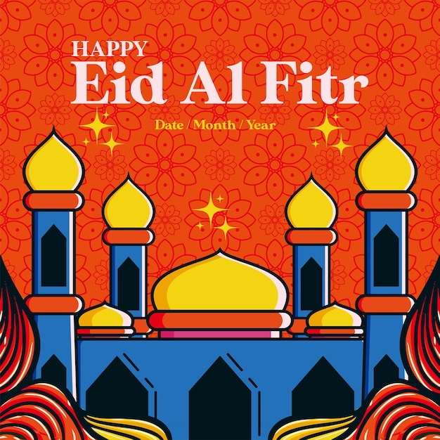 Vetor modelo de cartão de saudação de mídia social para feliz eid al fitr com vetor de ilustração desenhada à mão de mesquita