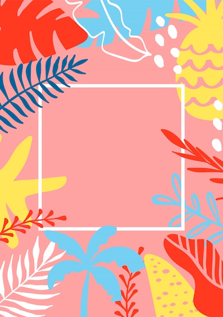Modelo de cartão de saudação de verão com folhas tropicais