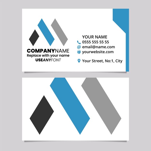 Vetor modelo de cartão de visita azul e preto com ícone de logotipo retangular letra m