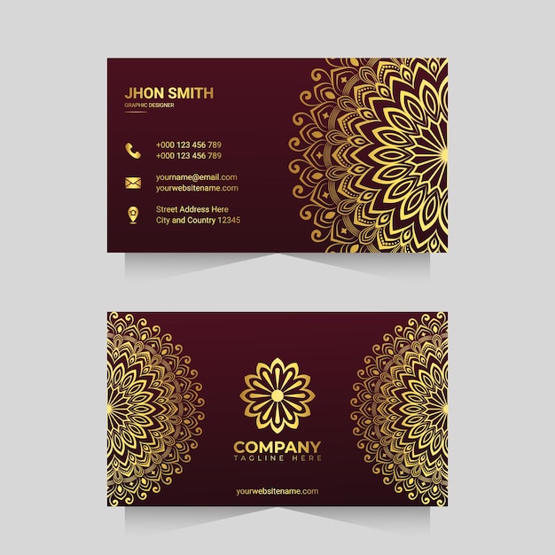 Modelo de cartão de visita de luxo com desenho de arabescos de mandala ornamentais dourados