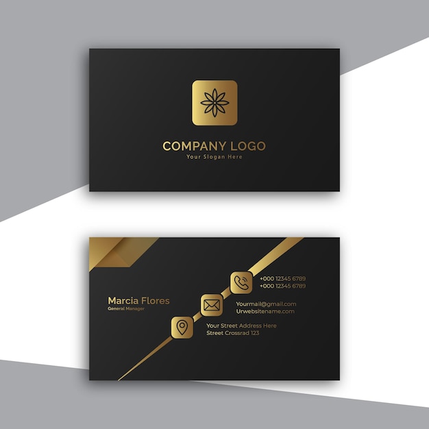 Modelo de cartão de visita de luxo preto e dourado mínimo elegante
