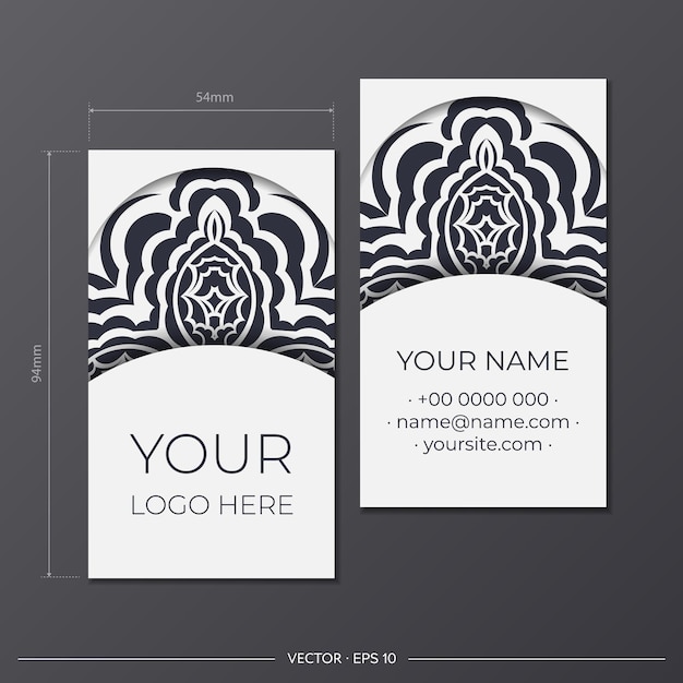 Modelo de cartão de visita de vetor na cor branca com padrões luxuosos pretos. design de cartão pronto para impressão com ornamento de monograma.