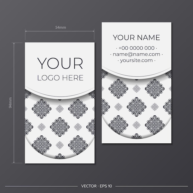 Modelo de cartão de visita de vetor na cor branca com padrões luxuosos pretos. design de cartão pronto para impressão com ornamento de monograma.