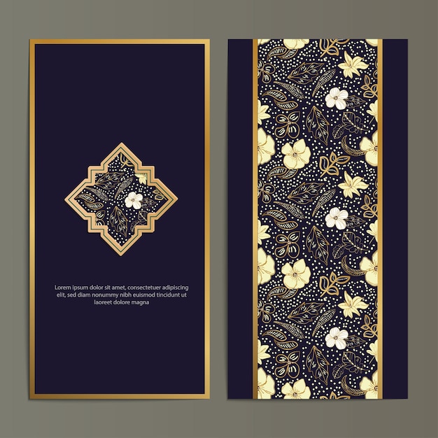 Vetor modelo de cartão dourado de batik floral de arte de linha de luxo