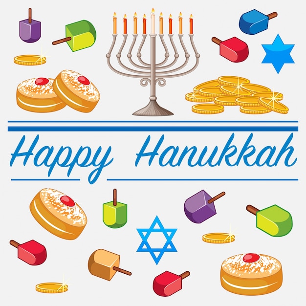 Modelo de cartão feliz de hanukkah com comida e velas