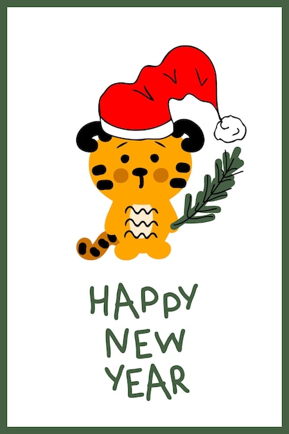 Modelo de cartão postal de ano novo chinês com tigre no chapéu de papai noel perfeito para cartão de saudação de pôster e imprime ilustração de gráficos vetoriais de estilo de desenho animado para decoração e design