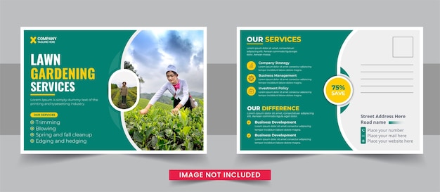 Modelo de cartão postal de serviço de jardim ou paisagismo cortador de grama
