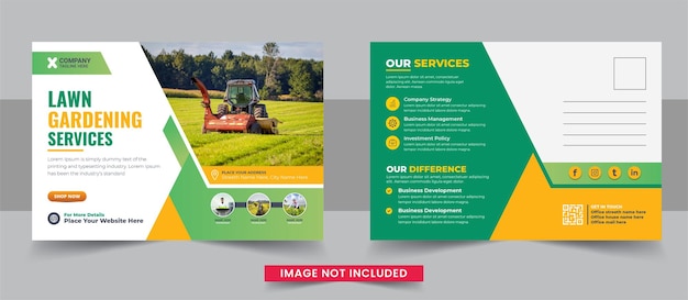 Modelo de cartão postal de serviço de jardim ou paisagismo cortador de grama