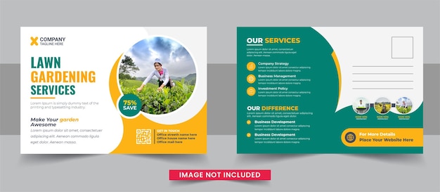 Modelo de cartão postal de serviço de jardim ou paisagismo cortador de grama
