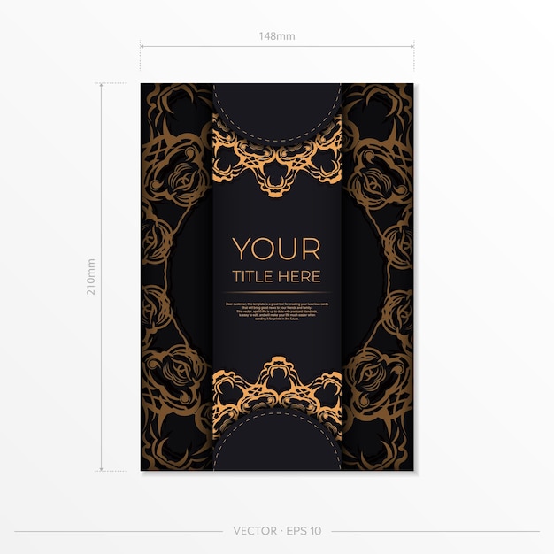 Vetor modelo de cartão postal preto retangular com padrões de ouro luxuosos design de convite pronto para impressão com ornamentos vintage