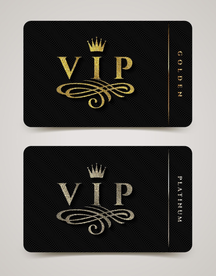 Vetor modelo de cartão vip dourado e platina com elemento de coroa e floreios