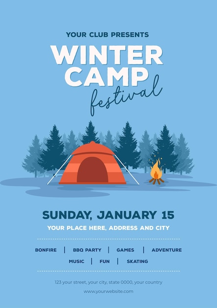 Modelo de cartaz de acampamento de inverno vertical plano moderno. folheto de anúncio do festival de acampamento de inverno, folheto promocional