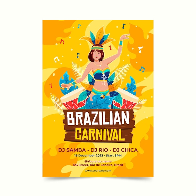 Modelo de cartaz de carnaval brasileiro desenhado de mão