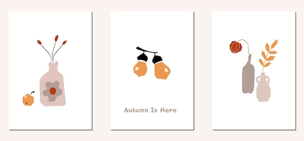 Modelo de cartaz de cartão de humor de outono bem-vindo convite de ação de graças da temporada de outono cartão postal minimalista natureza deixa árvores abóboras formas abstratas ilustração vetorial em estilo cartoon plana