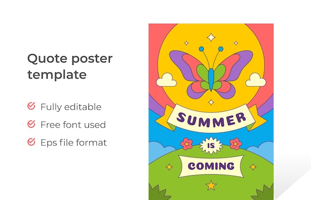 Vetor modelo de cartaz de citação de verão contornou ilustração em vetor design decorativo groovy
