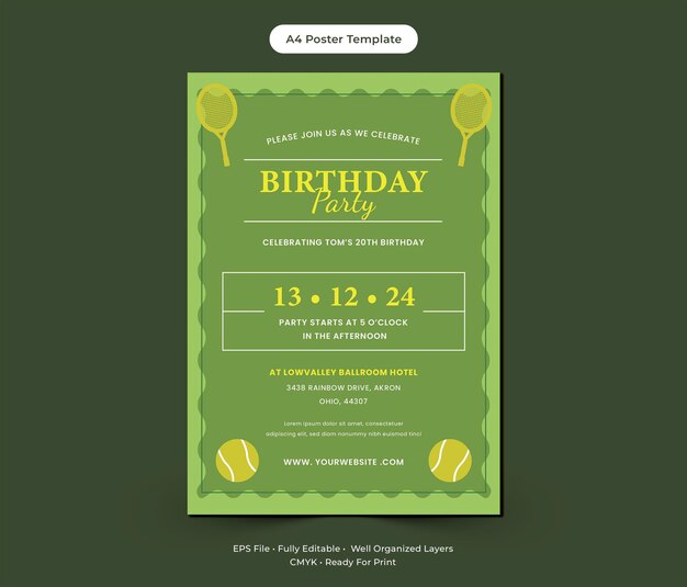 Modelo de Cartaz de Convite de Aniversário de Quadra de Tênis Verde