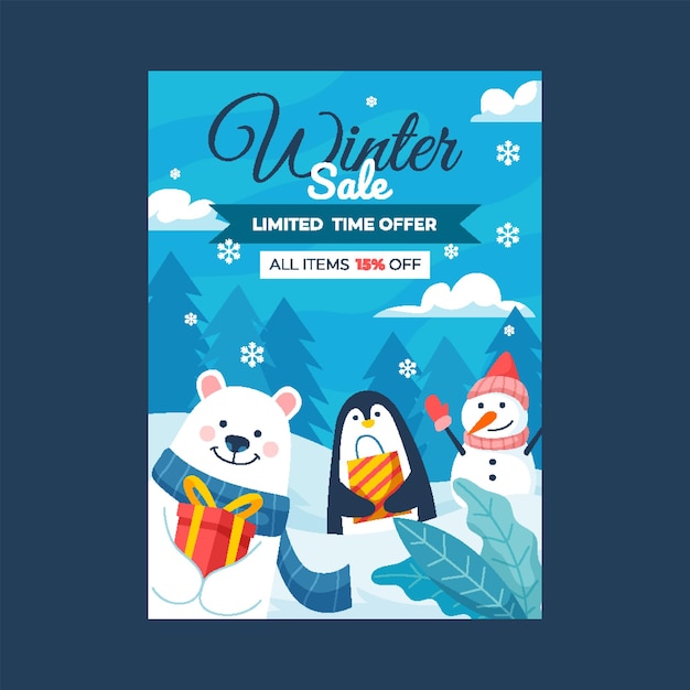 Modelo de cartaz de desconto de inverno com personagens bonitos