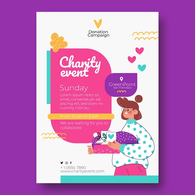 Vetor modelo de cartaz de evento de caridade desenhado à mão