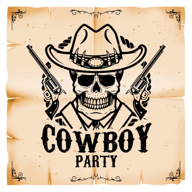 Modelo de cartaz de festa cowboy com fundo de textura de papel velho. tema oeste selvagem. ilustração