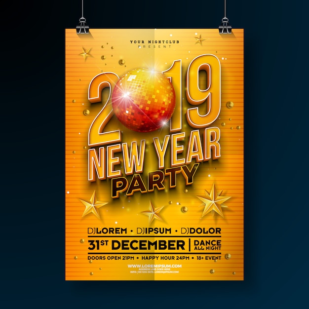 Vetor modelo de cartaz de festa de ano novo com número 3d 2019