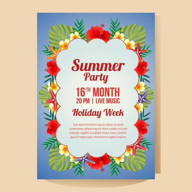 Vetor modelo de cartaz de festa de férias de verão com ilustração em vetor tropical tema hibisco