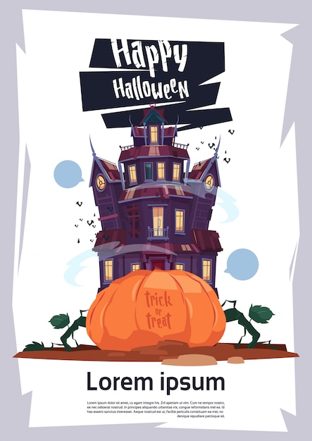 Modelo de cartaz de festa de halloween com castelo gótico e abóbora