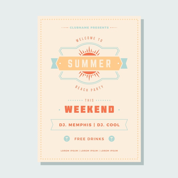 Modelo de cartaz de festa de verão vintage ilustração em vetor promocional de evento de fita de linha de sol brilhante